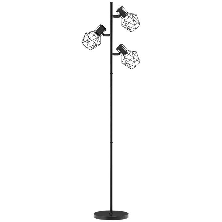 Gulvlampe med 3 lyskilder og fleksible lyselementer, trælignende struktur, til stue og soveværelse, metal, sort