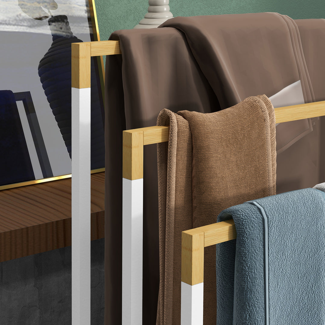 Håndklædeholdersæt med 3 håndklædestænger, industrielt design, bambus, 45 x 22,5 x 86 cm, hvid + naturfarvet