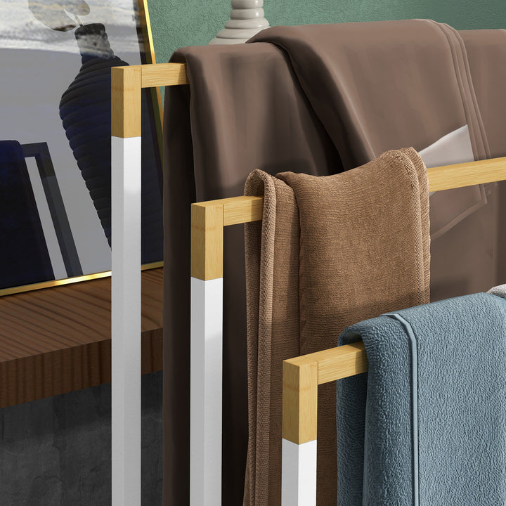 Håndklædeholdersæt med 3 håndklædestænger, industrielt design, bambus, 45 x 22,5 x 86 cm, hvid + naturfarvet