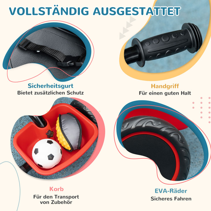 Børnetrecykel med hoftesele, 2 kurve, højdejusterbart sæde, metalstel, til børn 2-5 år, sort+rød