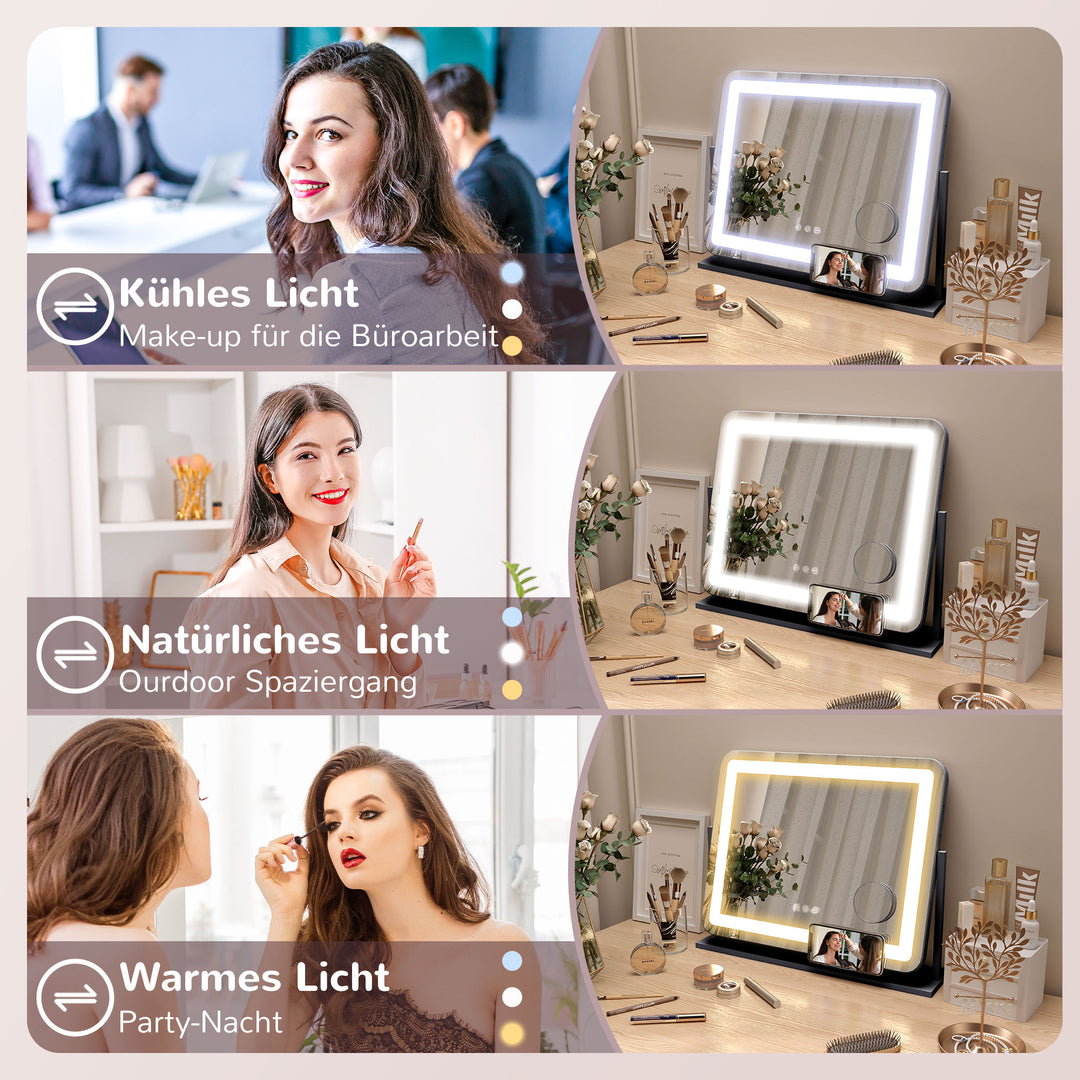 Makeupspejl med led-lys, usb-port, 3 tilstande, roterbar, sort
