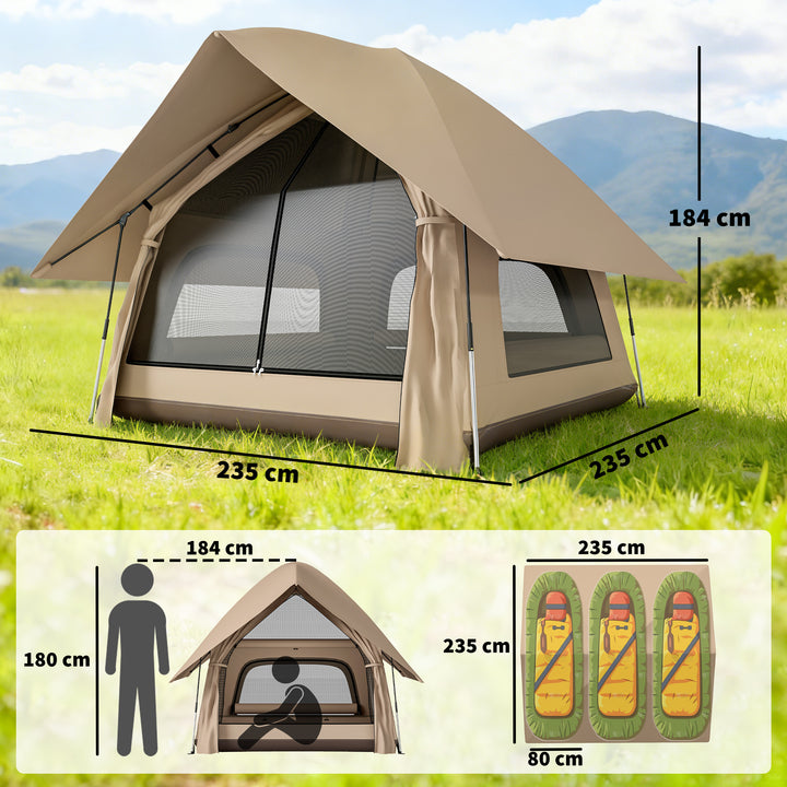 Pop-up-telt med regnslag, vandtæt kuppeltelt til 2-3 personer med bund, 4 vinduer, 235x235x184 cm, khaki