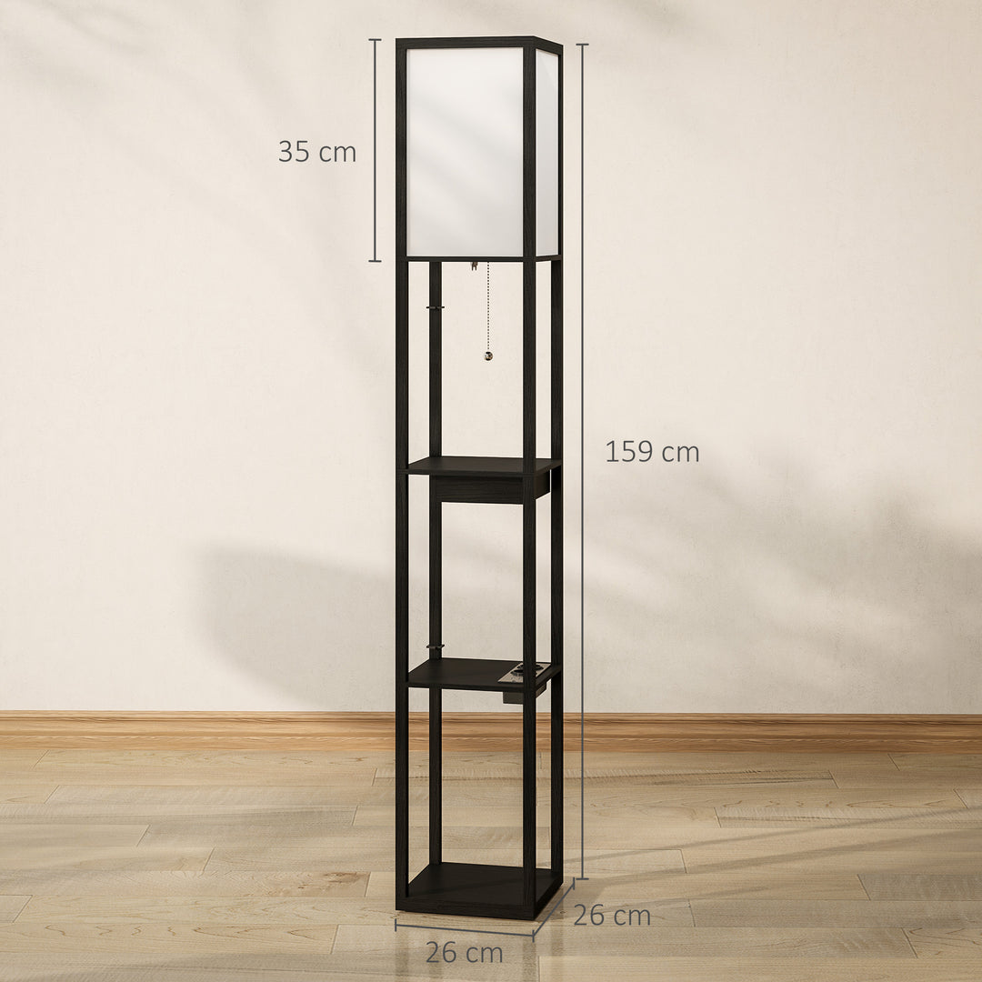 Gulvlampe med 3-lags hylde, fodkontakt, usb-porte, mdf, sort