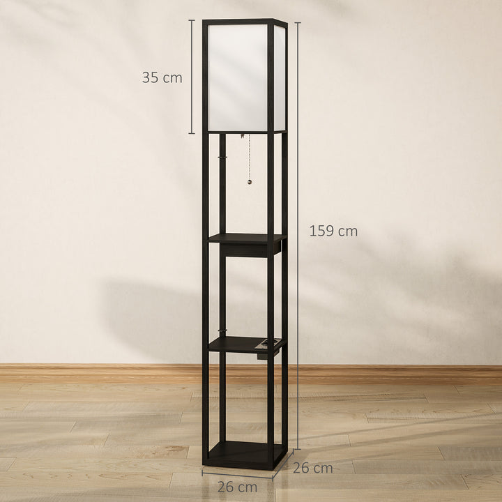 Gulvlampe med 3-lags hylde, fodkontakt, usb-porte, mdf, sort