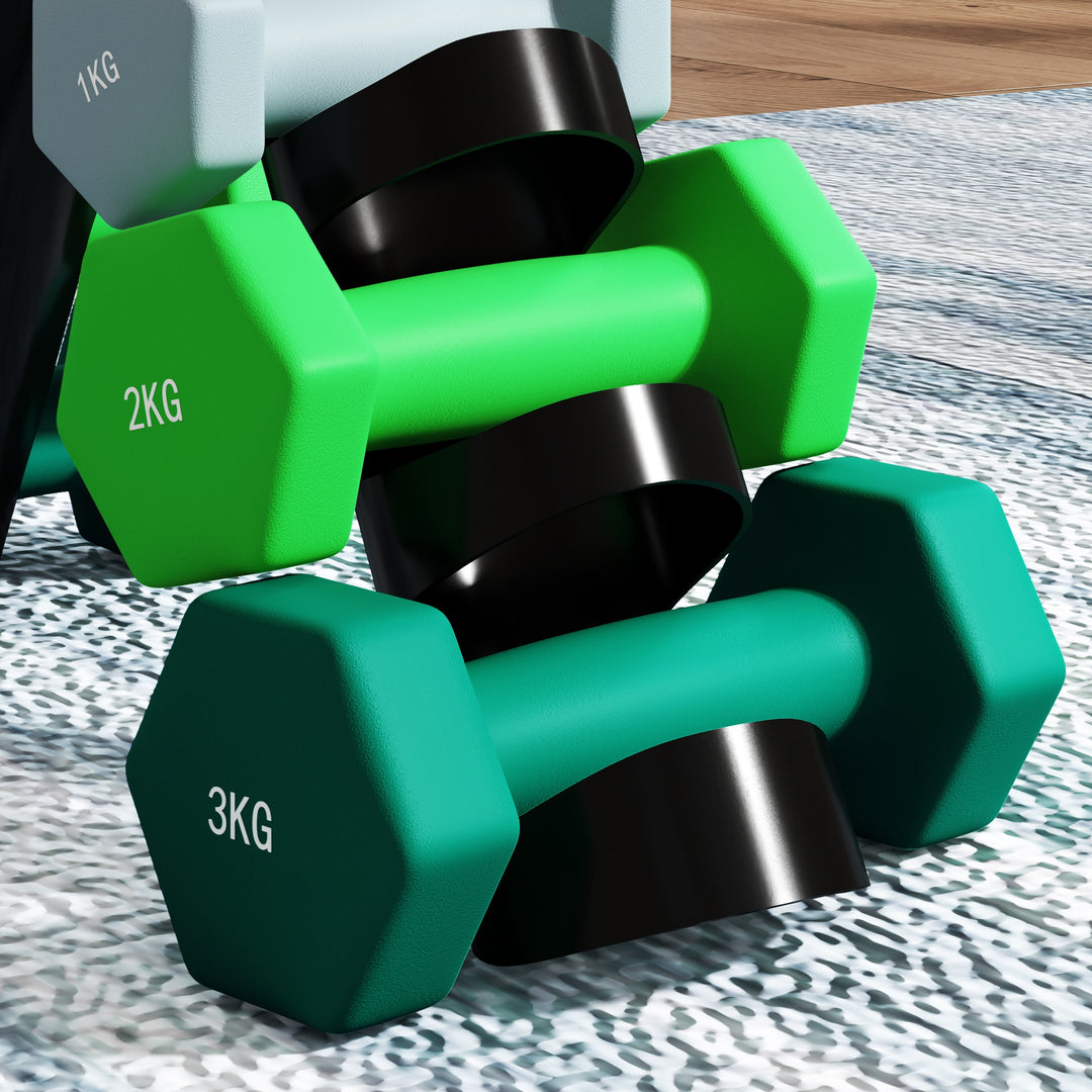 Håndvægtsæt med opbevaringsstativ, sæt med 6 håndvægte til fitnesstræning, 2 x 1 kg, 2 x 2 kg, 2 x 3 kg