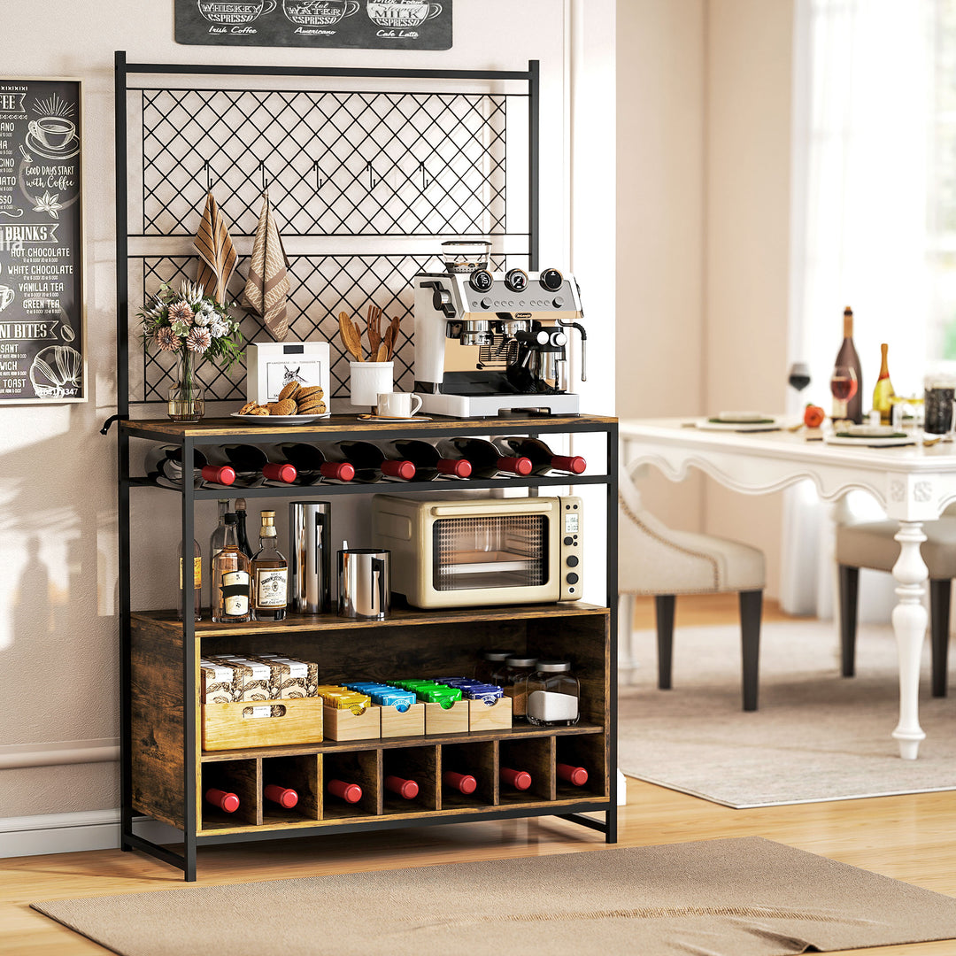 Køkkenhylde med bordplade, metalnetpaneler, 5 knagger, køkkenskab til krydderier, gryder, pander, brun