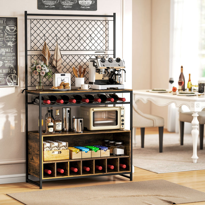 Køkkenhylde med bordplade, metalnetpaneler, 5 knagger, køkkenskab til krydderier, gryder, pander, brun