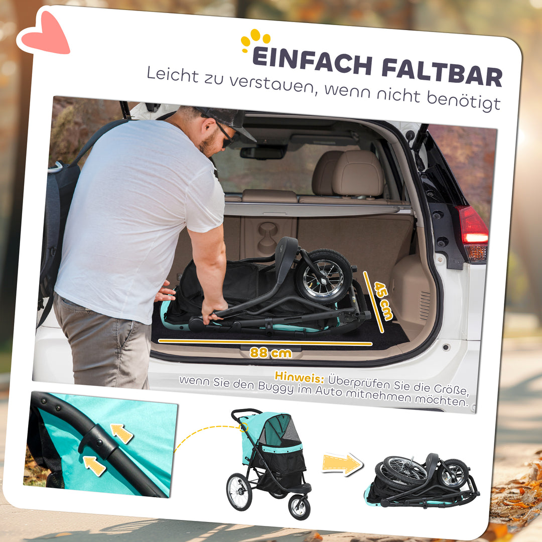 Hundevogn, kæledyrsvogn til små hunde og katte, med opbevaringskurv, sammenklappeligt design med et klik, turkis