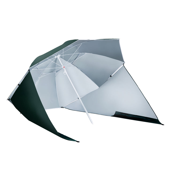 2-i-1 strandparasol Ø 210 cm UPF 50+ vindtæt strandparasol med sidepaneler bæretaske balkonparasol foldbar haveparasol solbeskyttelse til rejser, strand, balkoncamping mørkegrøn