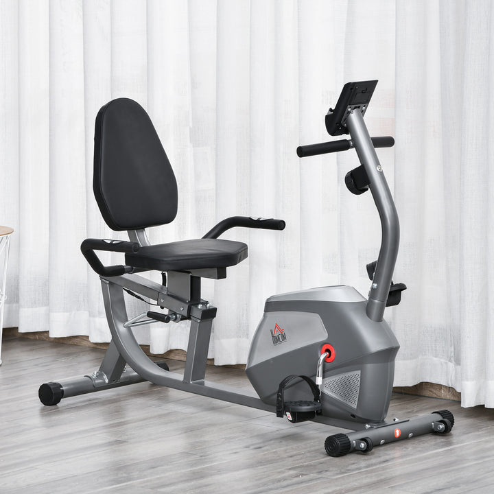Liggende motionscykel med LCD-display, 8-trins justerbar magnetisk modstand, liggende motionscykel, hjemmetræner med pulsmålere, justerbar ryglæn, liggende motionscykel til seniorer op til 110 kg