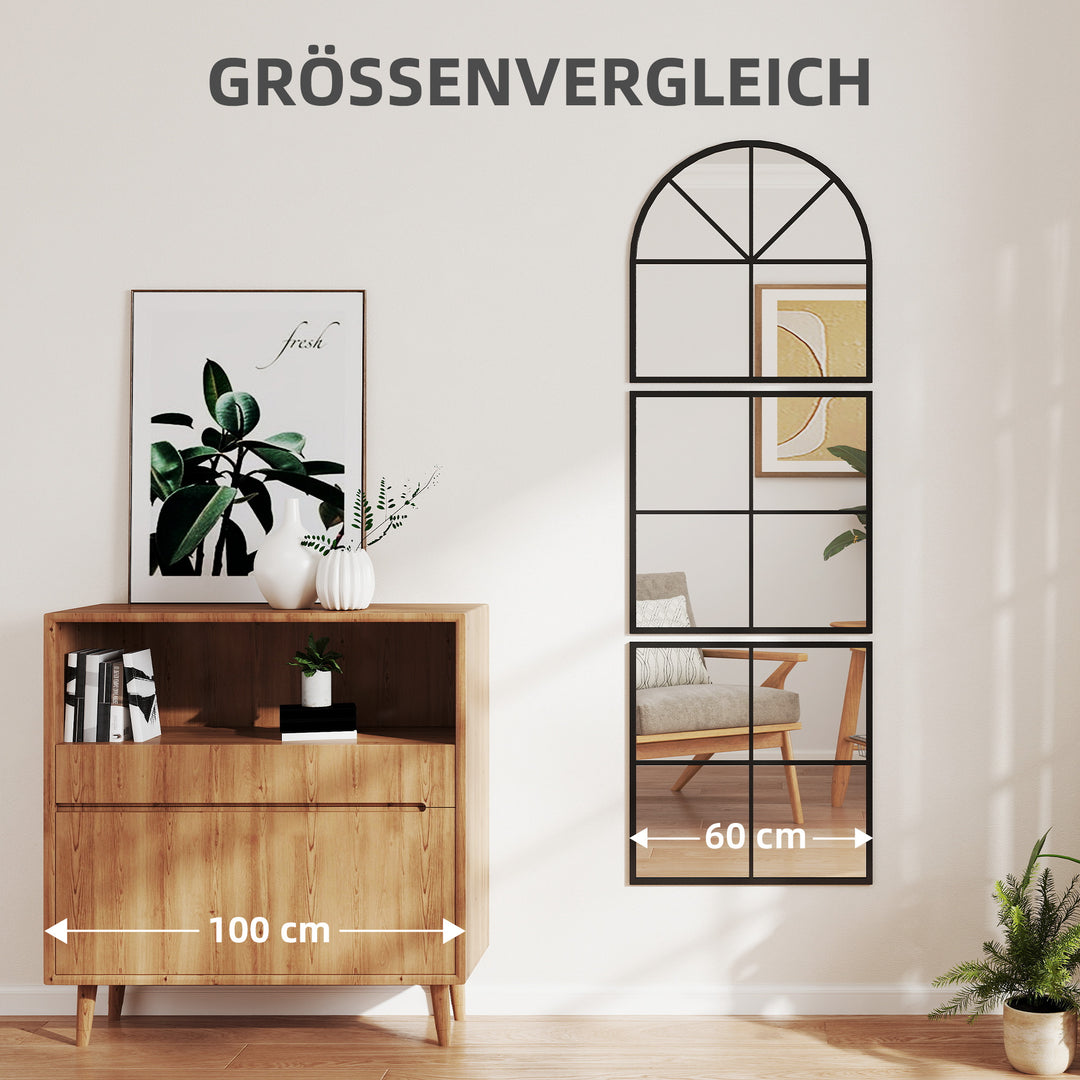 Vægspejl med tredelt buet spejl og metalramme, dekorativt 60 x 2 x 180 cm sort