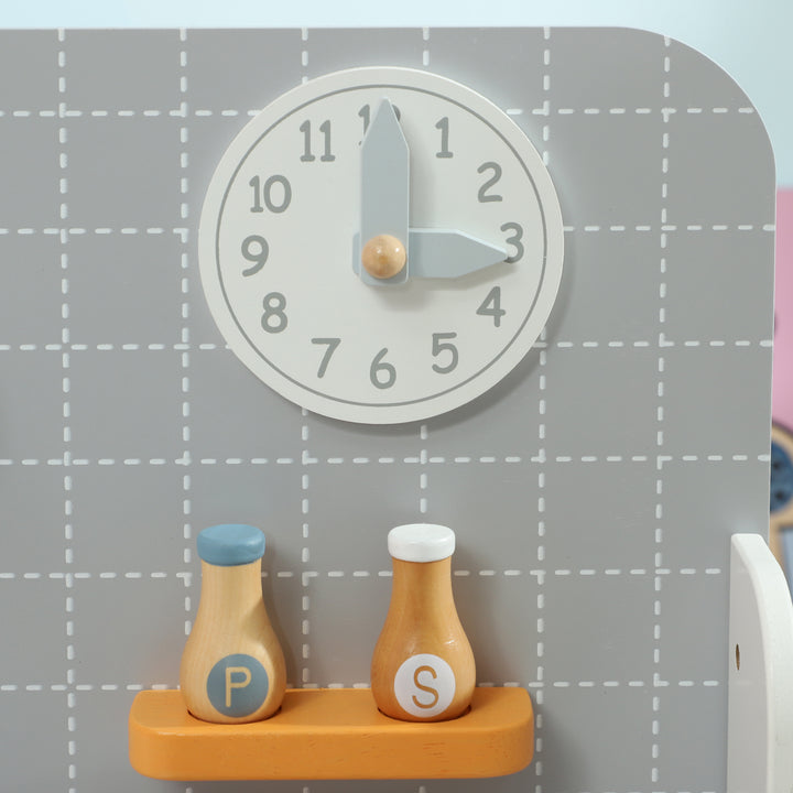 Legekøkken med tilbehør, komfur og ovn, vask, ur, hylder, til 3-6 år, grå