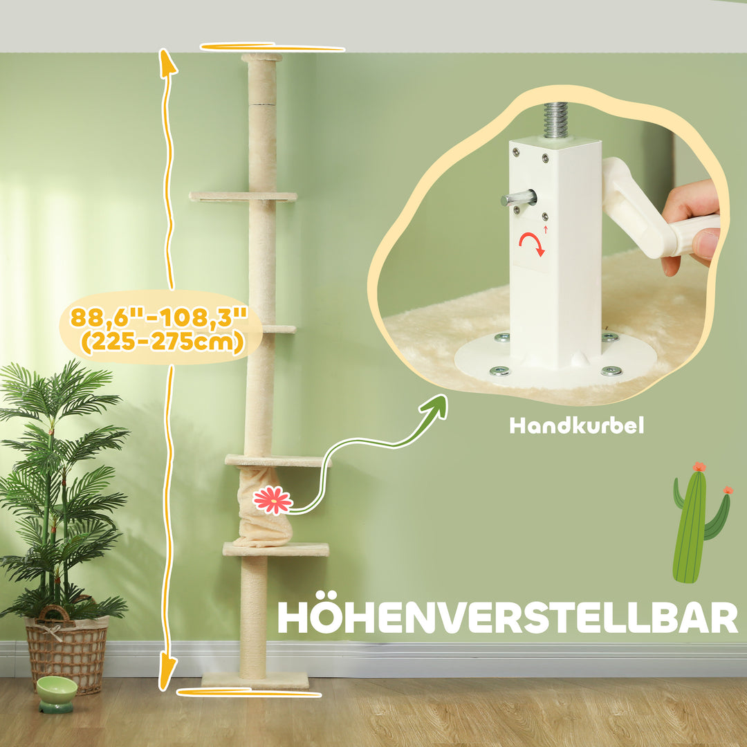 Kradsetræ, justerbar højde 225-275 cm, stabil base, anti-tip beskyttelse, plysbetræk, cremehvid