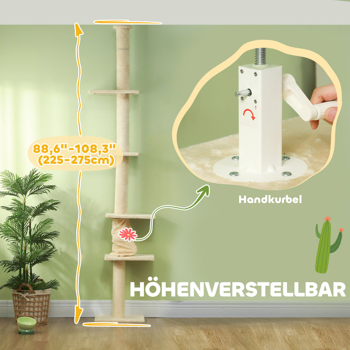 Kradsetræ, justerbar højde 225-275 cm, stabil base, anti-tip beskyttelse, plysbetræk, cremehvid