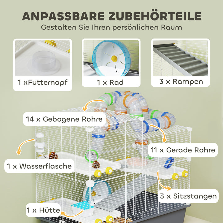 Dværghamsterbur, 4 niveauer, tunnelsystem, bur, tilbehør, topåbning, 78 x 45 x 73 cm, grå