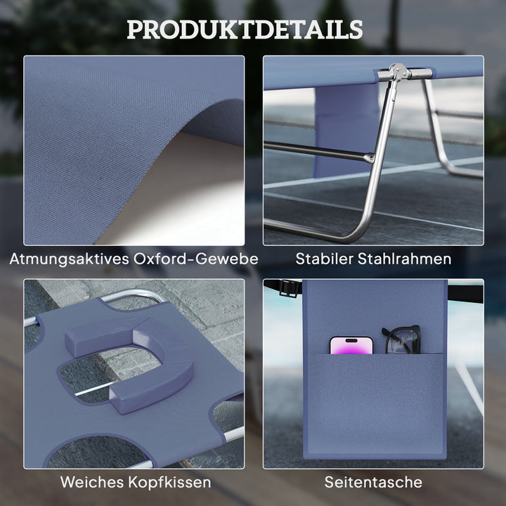 Havestol, liggestol med polstret ansigtsåbning, udendørs massagestol, sidelomme, stof, metal, grå