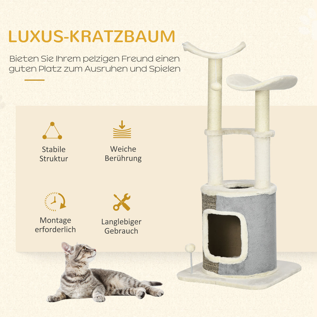 Kradsetræ med kattehule, to platforme, to kradsetræer, plysbetræk, cremehvid, 48 x 48 x 110 cm