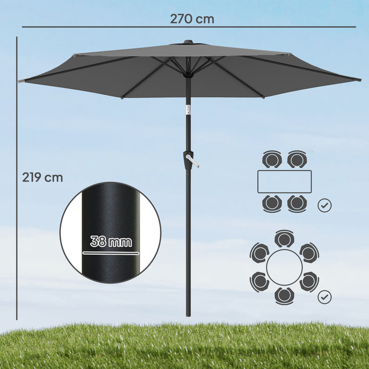 270 cm vipbar parasol, balkonparasol med håndsving, UV 50+, haveparasol, mørkegrå