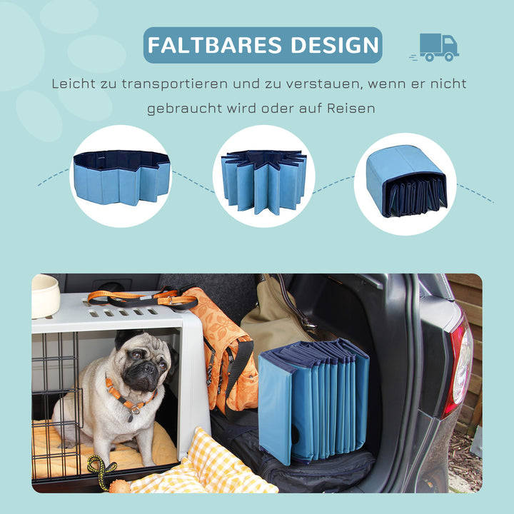 Sammenklappeligt hundebadekar, hundepool, swimmingpool, børnepool, badekar til hunde og katte, vandbassin af plastik og træ, Ø80 x H20 cm, blå