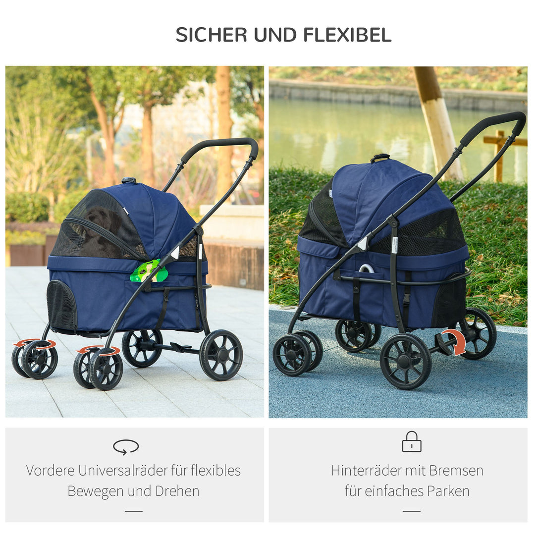 Hundevogn op til 10 kg sammenklappeligt regnslag, 2 sikkerhedssnore 81 x 68 x 98,5 cm mørkeblå