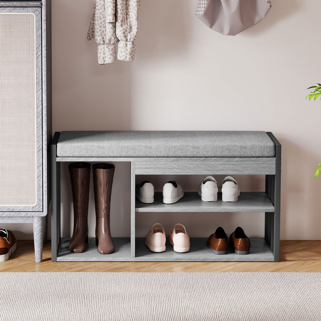 Skoreol med bænk, hylde til sko i gangen, skoskab med 3-lags design, til entré, stue, soveværelse, grå