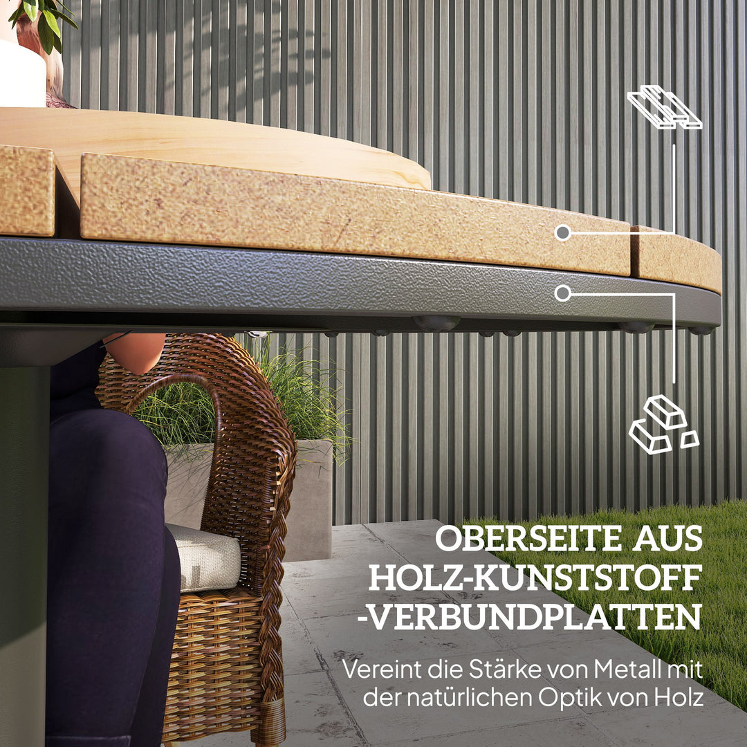 Havebord Ø70 cm, vejrbestandigt rundt balkonbord med lameldesign, stål Ø70 x 74H cm naturtræ