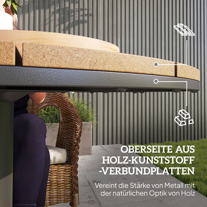 Havebord Ø70 cm, vejrbestandigt rundt balkonbord med lameldesign, stål Ø70 x 74H cm naturtræ