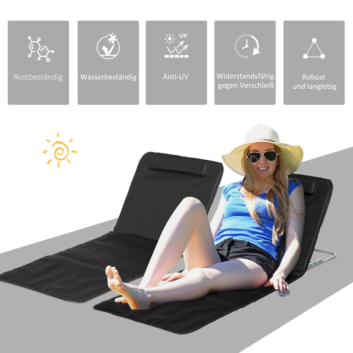 Strandstol, solseng, havestol, foldbar, justerbar ryglæn, sidelomme, 48 cm x 134 cm x 33-43 cm, sort