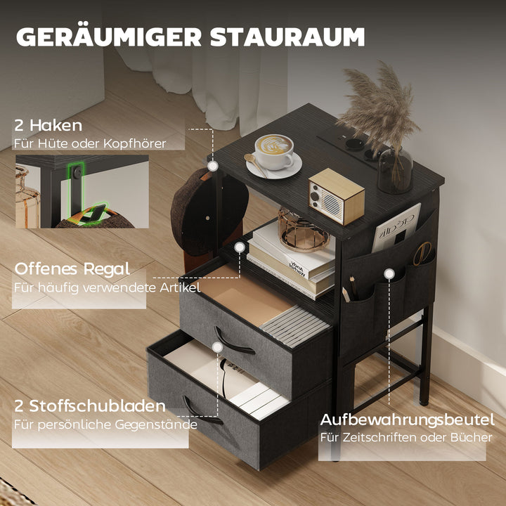 Sofabord/sidebord med ladestation, stålstel, USB-C-porte, skuffer, kroge, 40 cm x 30 cm x 60 cm, sort