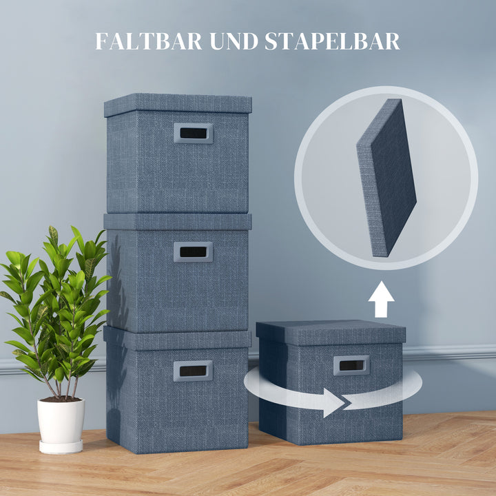 Opbevaringssæt, aftageligt låg, håndtag, sammenklappelig, stabelbar, imiteret hør, blå