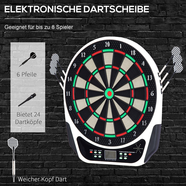 Elektronisk dartskive med stemmemeddelelser, LED-displays, 6 pile, 24 pilhoveder, 18 spil, 159 variationer, dartmaskine, dartskivesæt til op til 8 spillere