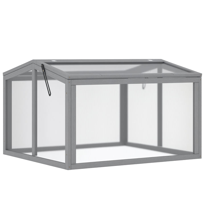 Koldrammedrivhus, koldrammeplantebed med overdækning af træ og polycarbonat, vejrbestandig, lysegrå, 90 x 80 x 58 cm