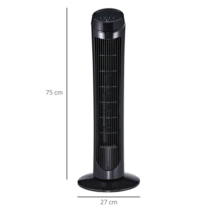 45W tårnventilator, stille design, 3 hastighedsindstillinger, 70° oscillation, ABS, sort, Ø27 x H75 cm