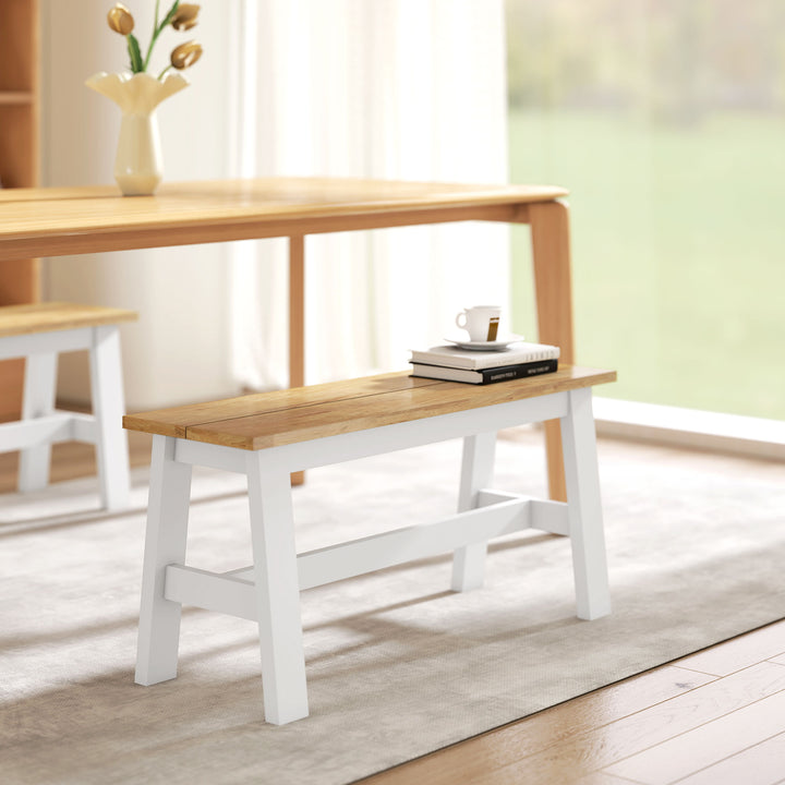 Bænk til 2 personer, træbænk i egetræslook, stabiliserende tværstang, til stue, spisestue, entre, gummitræ, hvid