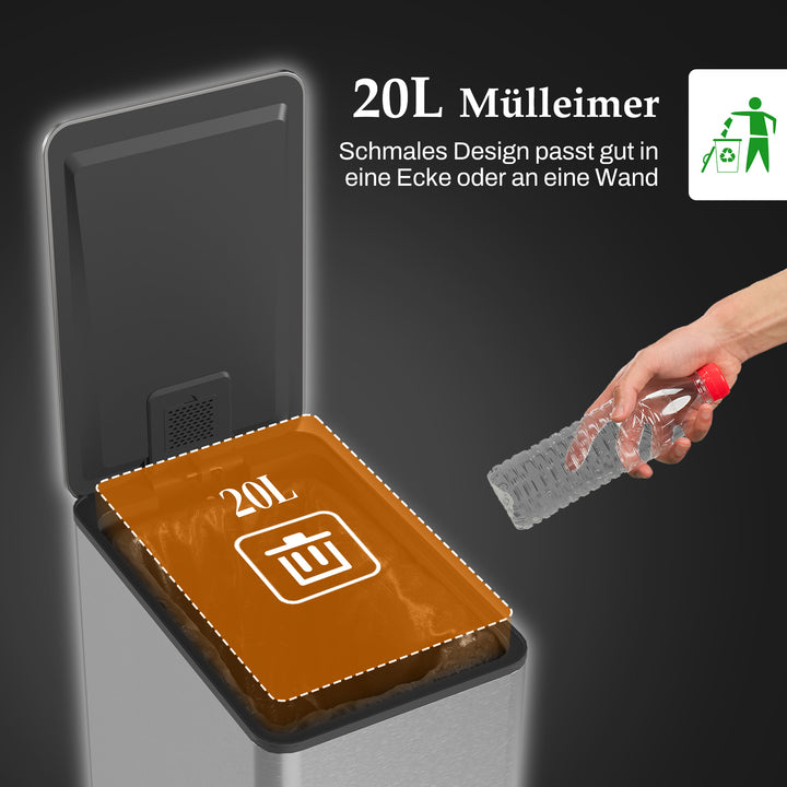 Skraldespand 20l, soft-close låg, deodorantrum, fingeraftrykssikker, rustfrit stål, sølv