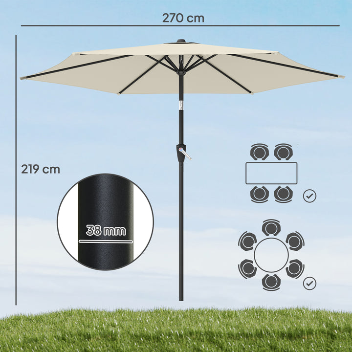 270 cm vipbar parasol, balkonparasol med håndsving, UV 50+, haveparasol, cremehvid