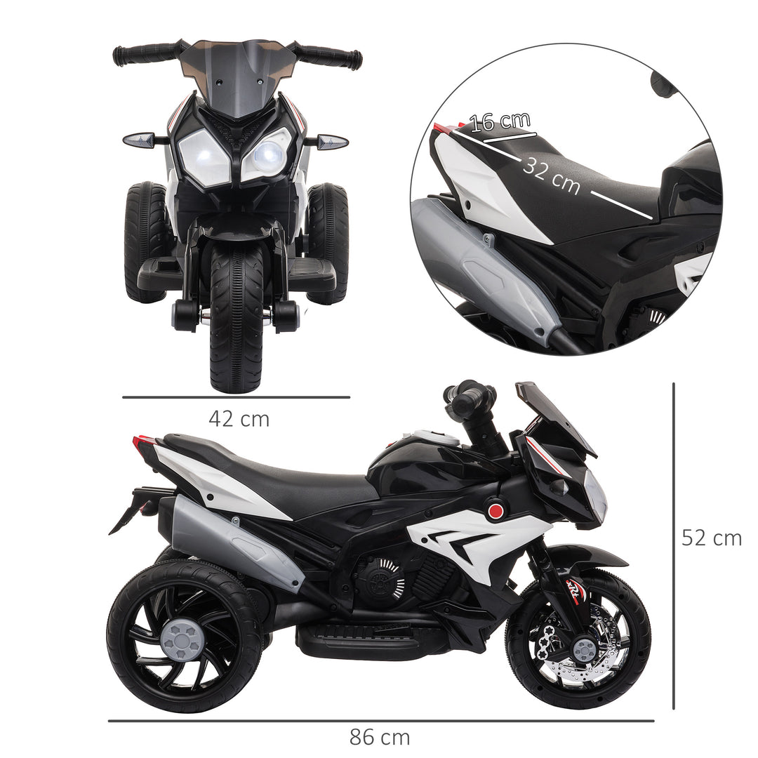 Elektrisk børnemotorcykel, lys og lyd, 3 km/t, genopladelig, plast og metal, sort/hvid