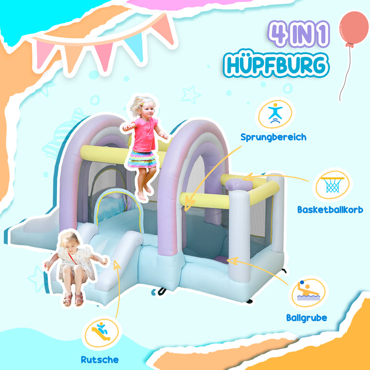 Hoppeborg, boldbassin, 2 rutsjebaner, oxfordstof, uv-bestandig, blæser, farverig