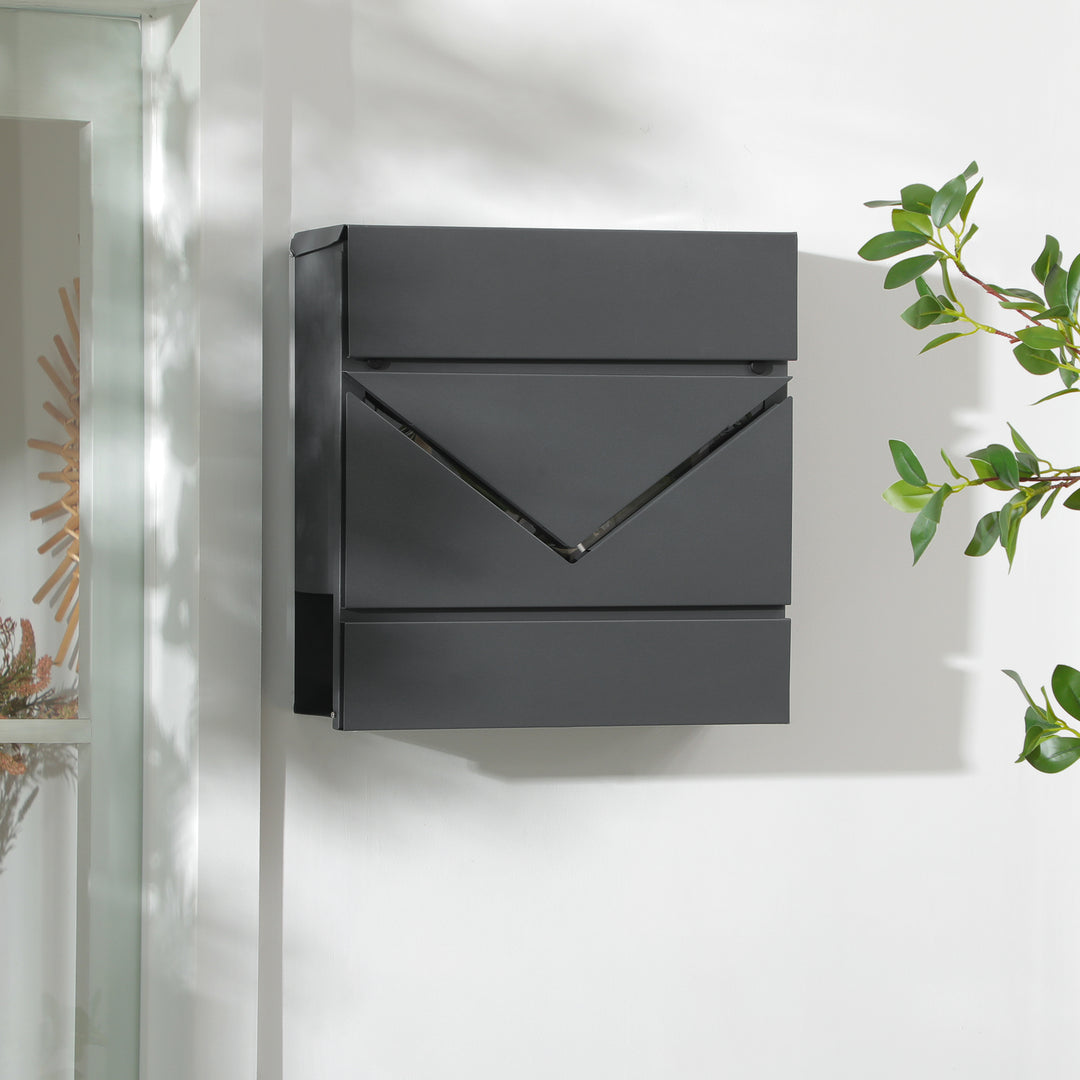 Postkasse med låg, 2 afløbshuller i bunden, stål, med lås, grå