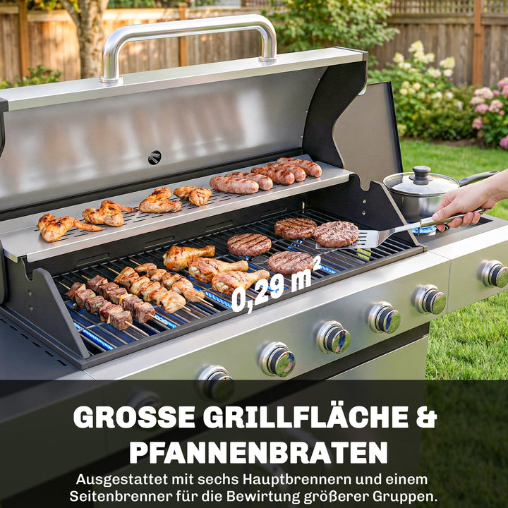Gasgrill 18,6 KW 6+1 brænder BBQ grillvogn lavet af rustfrit stål inkl. hjul, termometer, varmerist, sidebord, underskab