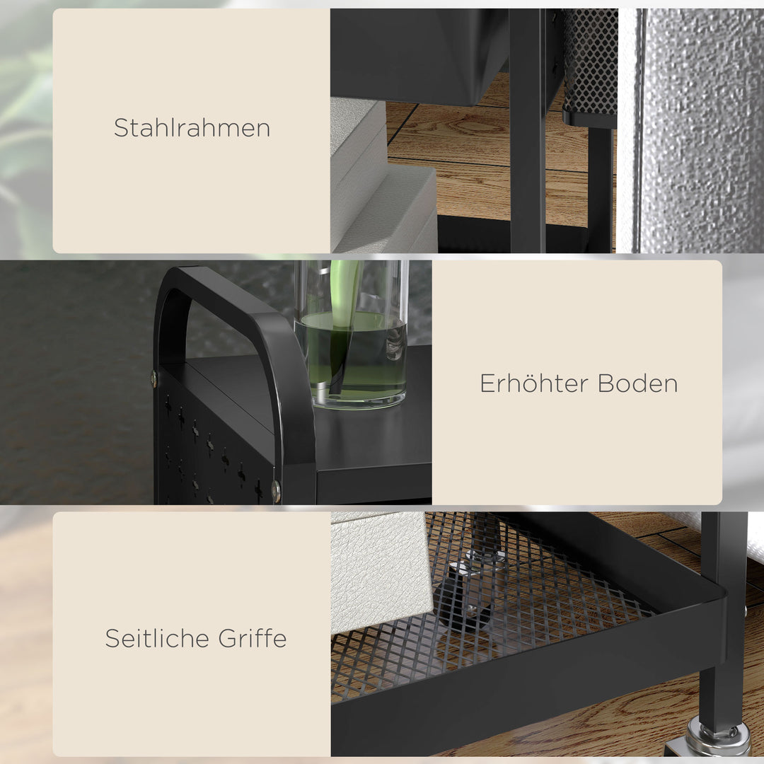 Multifunktionsvogn med 1 skuffe, 1 hylde, 4 hjul, køkkenvogn, sort