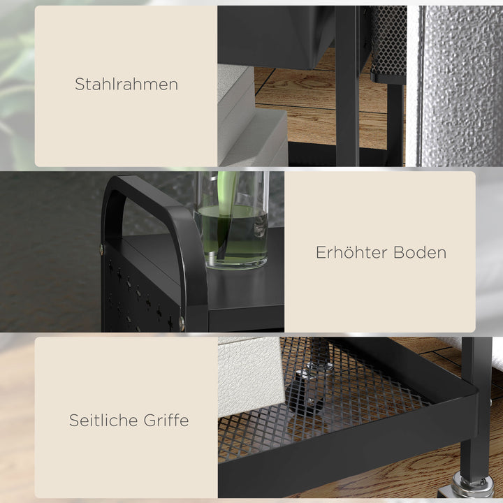 Multifunktionsvogn med 1 skuffe, 1 hylde, 4 hjul, køkkenvogn, sort