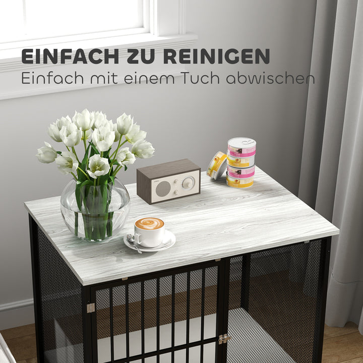 Hundebur med polstret seng, hævet bund, justerbare fødder, 80x55x71 cm, eg/sort