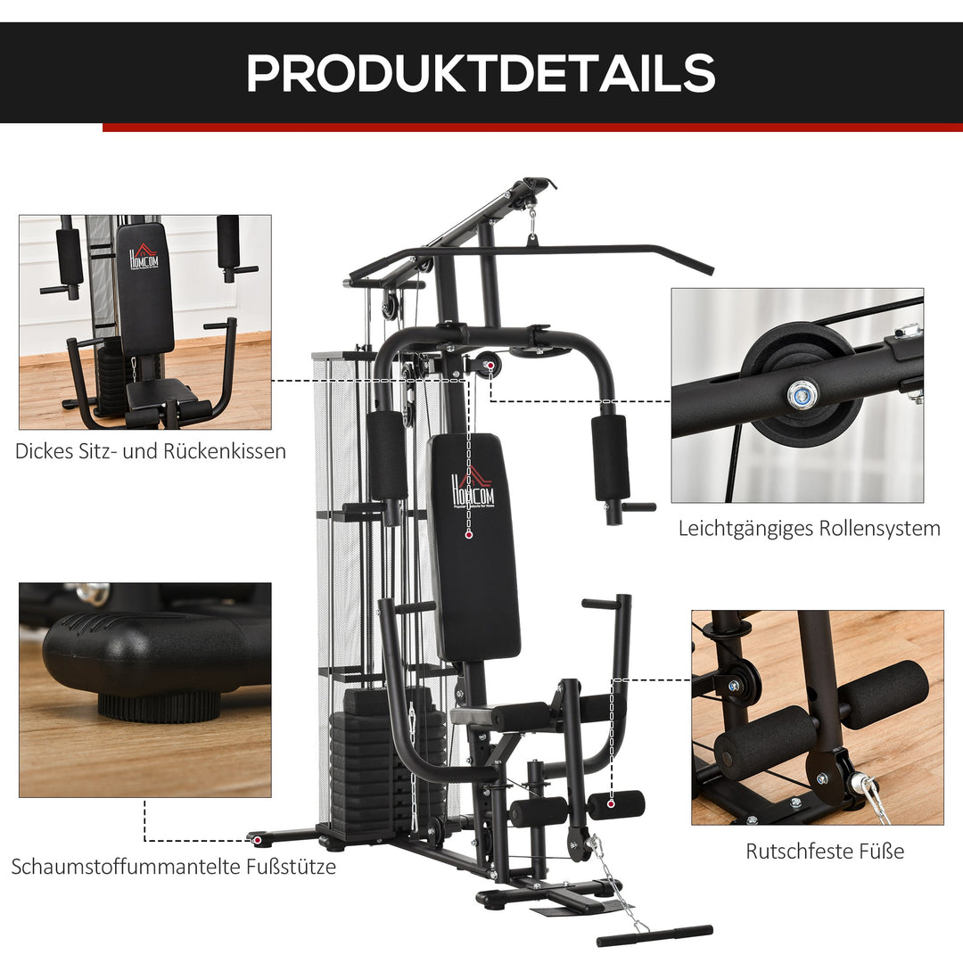 Power station fitness station fitnessudstyr multifunktionsstyrketræning multistation træningsstation med lat pulldown butterfly bar 45kg vægte reb, fitnessudstyr til hjemmet sort