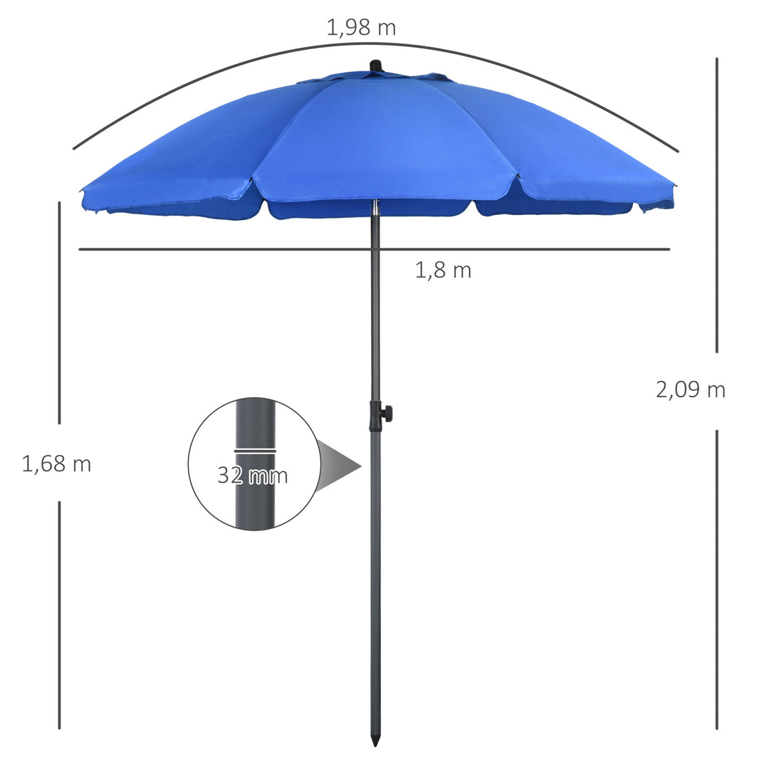 Strandparasol, parasol, med ventilationsåbninger, justerbar hældning, uv50+ ø1,80, blå