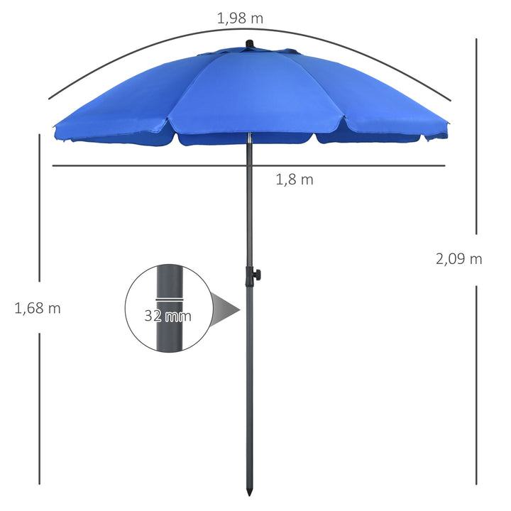 Strandparasol, parasol, med ventilationsåbninger, justerbar hældning, uv50+ ø1,80, blå