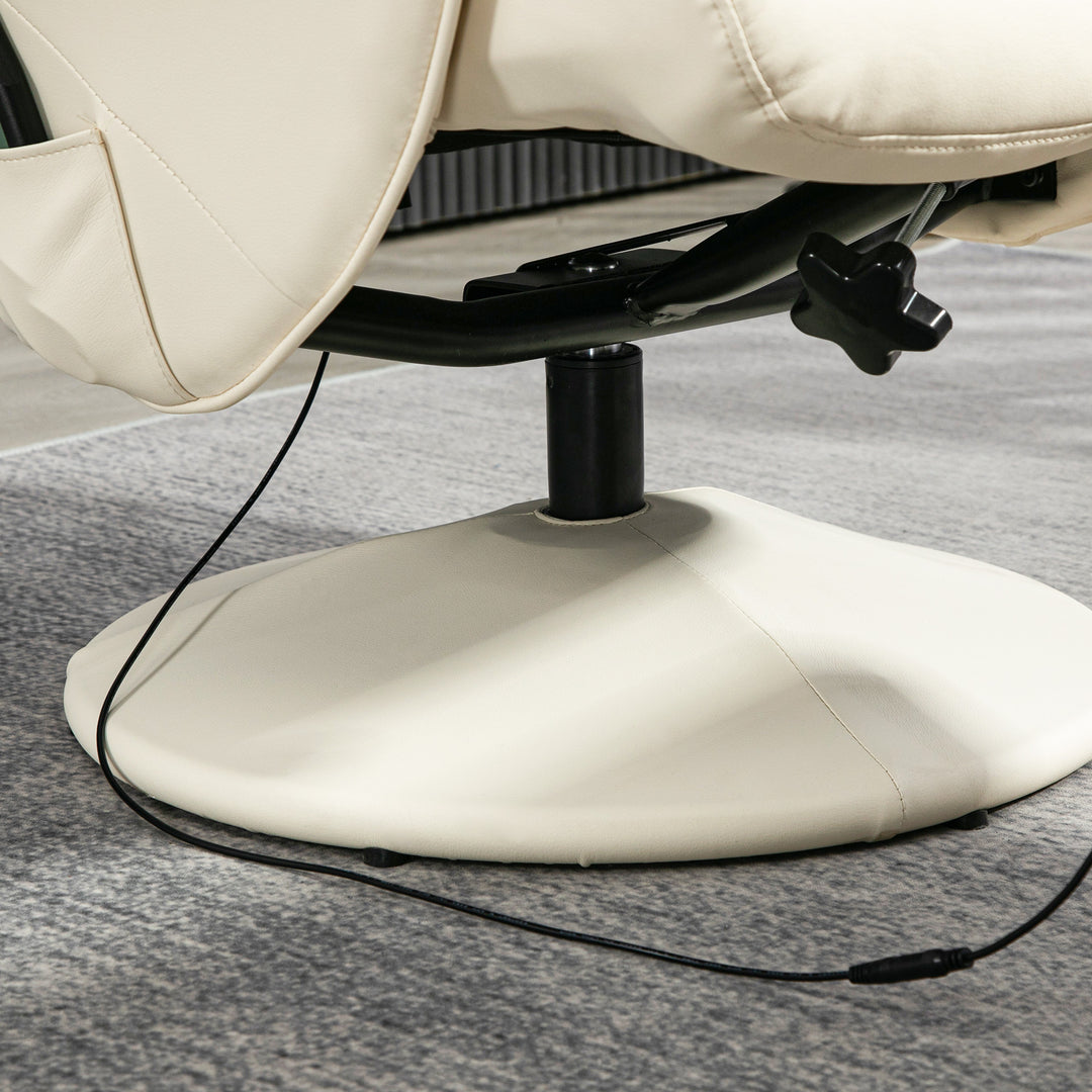 Massagestol med fodskammel, ergonomisk stol med 10 vibrationspunkter, kunstlæder, 76 x 81 x 105 cm, cremehvid