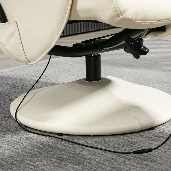 Massagestol med fodskammel, ergonomisk stol med 10 vibrationspunkter, kunstlæder, 76 x 81 x 105 cm, cremehvid