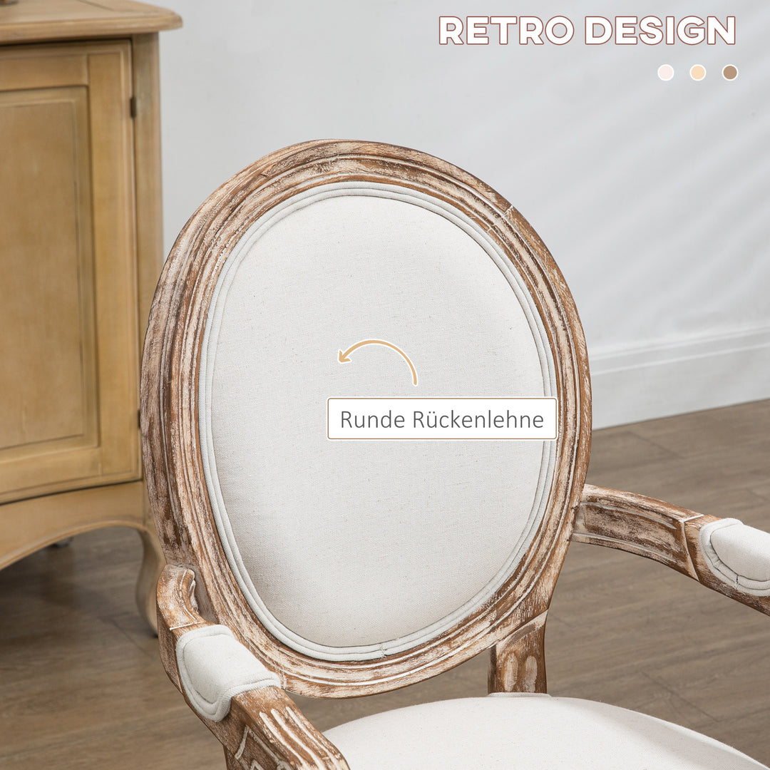 Køkkenstol med armlæn polstret spisestol retro design i hørlook til stue gummitræ cremehvid + lys træfarve 56 x 56 x 96 cm
