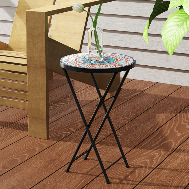 Mosaik havebord, foldbart rundt terrassebord med metalramme og keramisk bordplade, mosaikmønster, flerfarvet